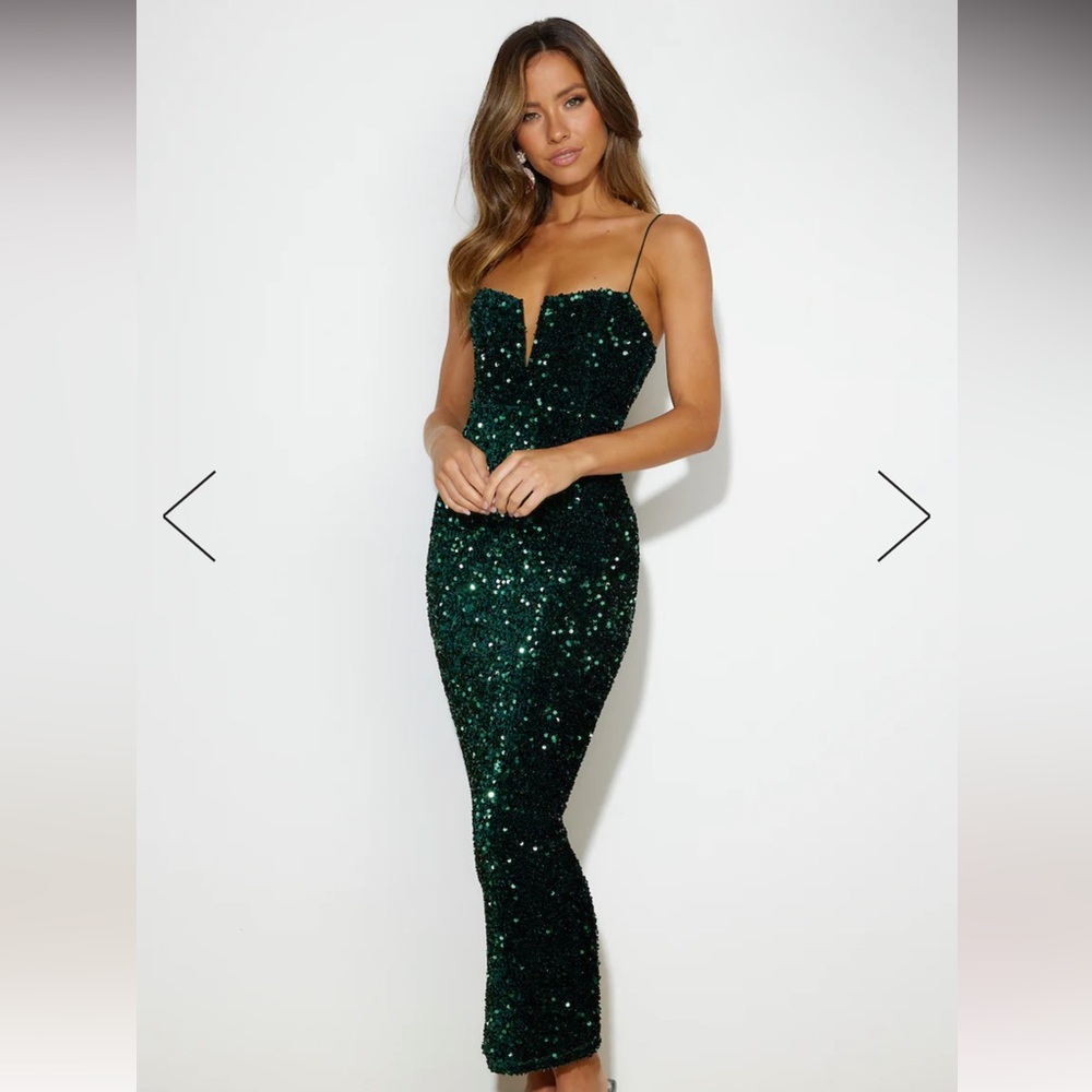 NEW HELLO MOLLY PARTY MOOD SEQUIN MAXI DRESS FOREST GREEN
